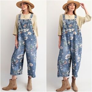 Easel Medium Wash Floral Print Loose Fit Denim Jean Bib Overalls